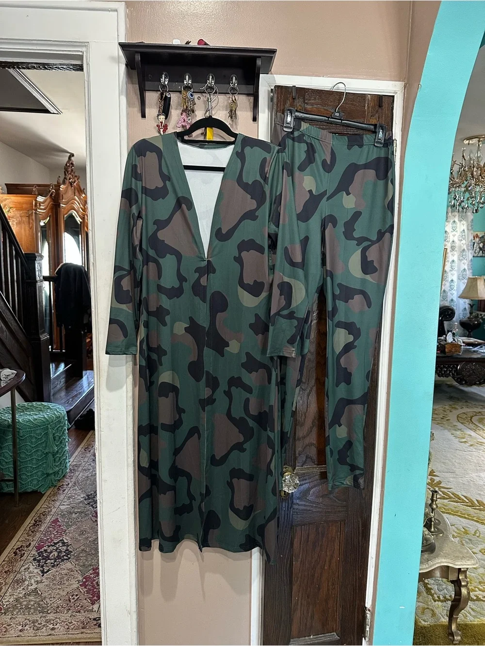Camouflage two piece set with long sleeve cardigan and matching skinny pants